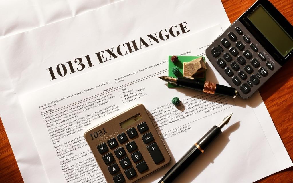 1031 exchange documents with a calculator and fountain pen