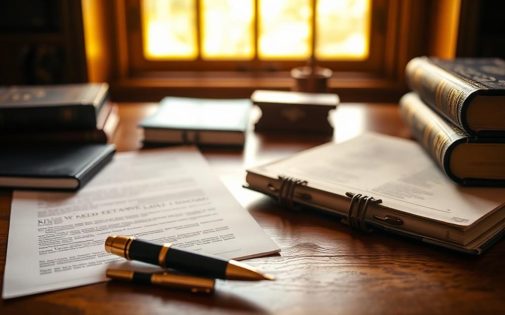 Leather-bound law books and a fountain pen on a real estate attorney's desk