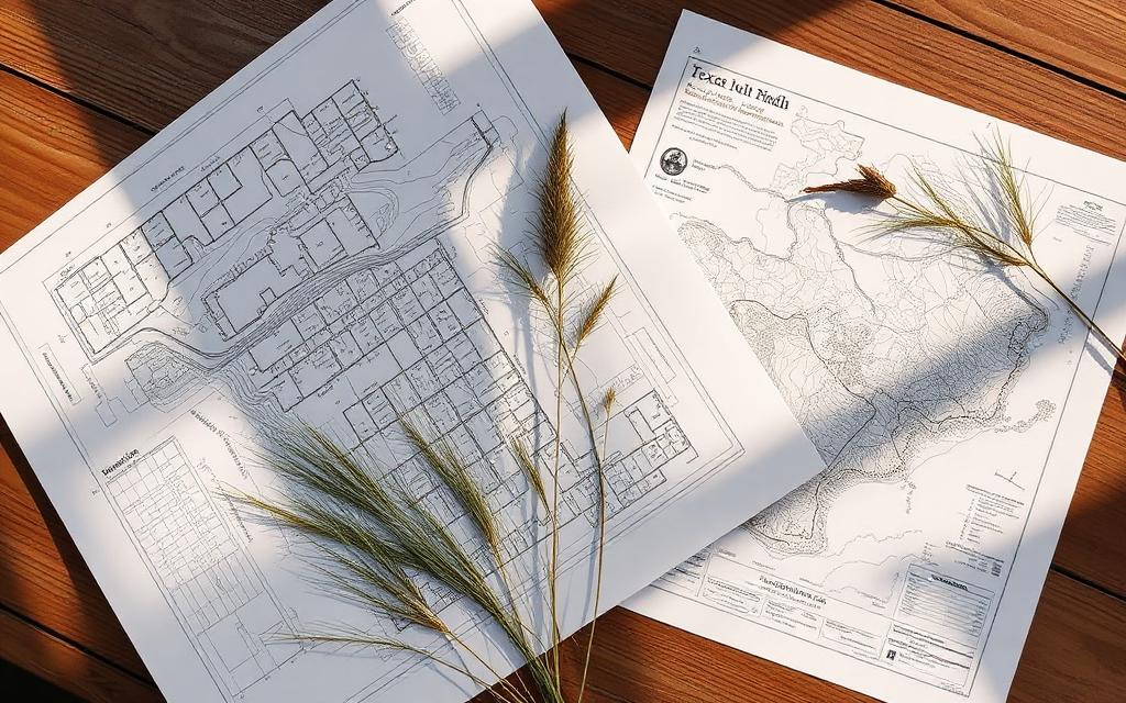 Topographic maps and site plan blueprints with native Texas grasses