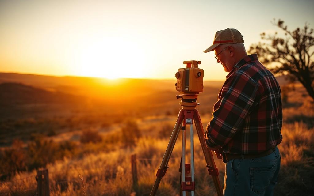Land surveyor with a tripod theodolite on Texas hill country at golden hour